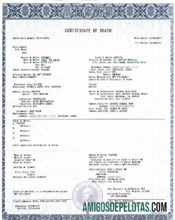 Certidão de Óbito do Departamento de Saúde dos EUA exemplo real